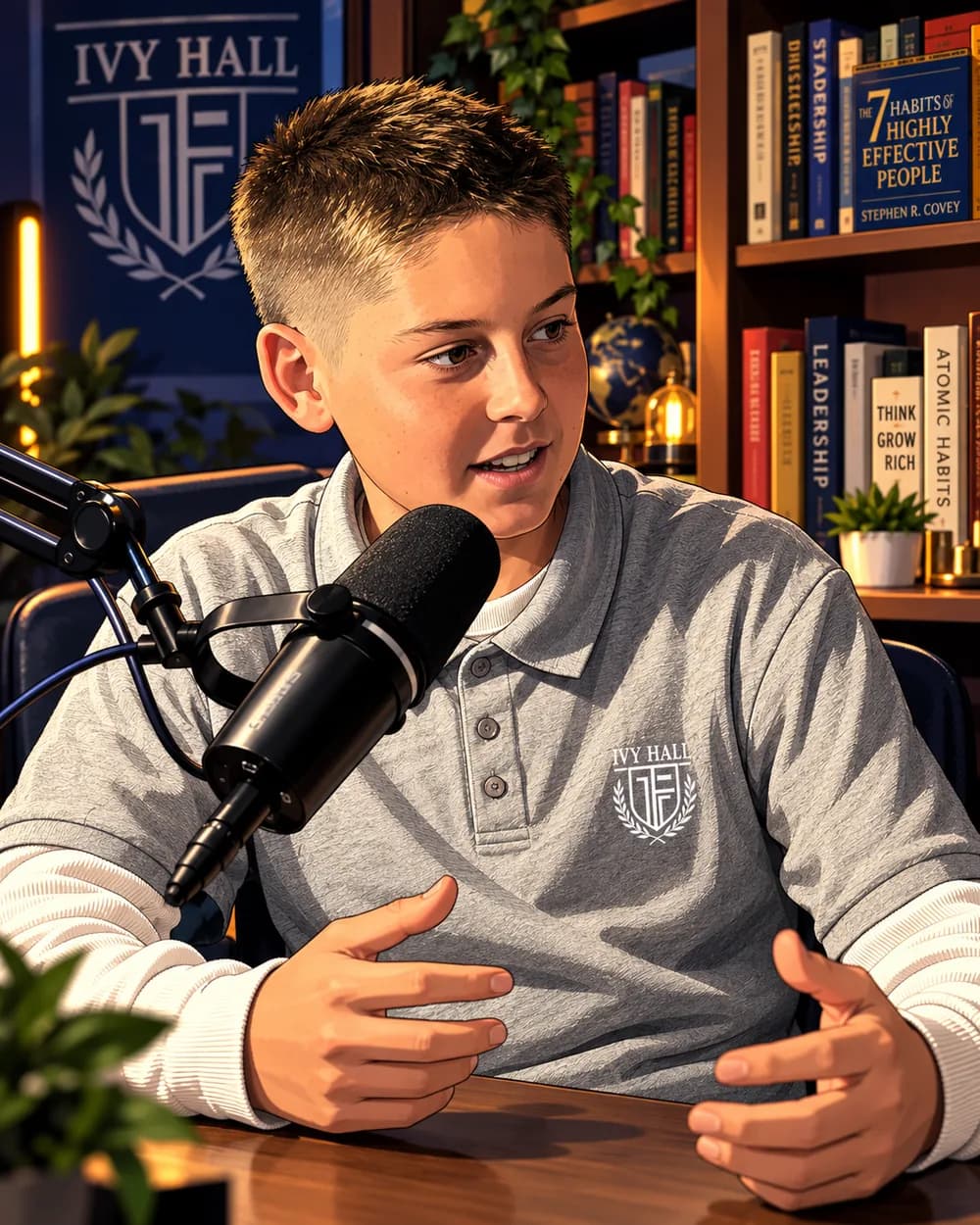 Greyson at the microphone, illustrated