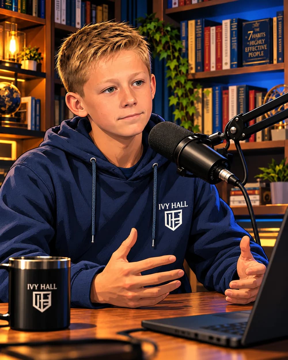 Mason at the microphone, illustrated